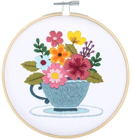 Trimits Embroidery Kits - 15cm 6 Embroidery Beginners Kit, Cross Stitch Kits for Adults, Starter Set with Bamboo Hoop, Fabric, Threads, Needle & Backing - Spring Floral