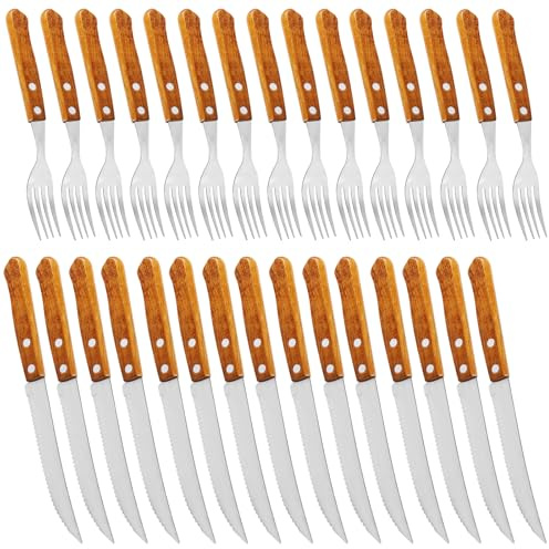 PRITOK Set di posate da bistecca in acciaio inox, 30 pezzi di posate da bistecca in acciaio inox, legno, forchetta e coltelli, 15 forchette da tavola e 15 coltelli da tavola per 15 persone, affilato a