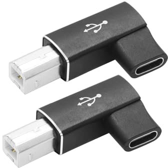 Riertostng 2 adaptadores de impresora de 90 grados USB C hembra a USB B MIDI macho adaptador de ángulo recto para piano electrónico de música, teléfonos móviles, tabletas, impresoras, escáneres (negro