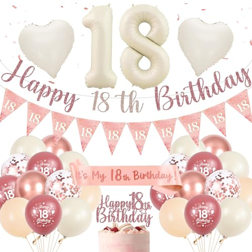 Pink Party 18th Birthday Decorations - Retro Rose Gold Birthday Decor for Her White Number 18 Heart Balloons, Cake Topper Sash Bunting Banner for Girls Party Supplies