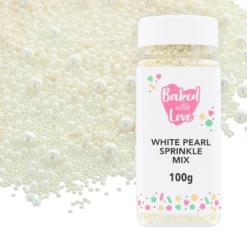 Baked with Love 100g White Pearl Sprinkles | Edible Mother Of Pearl Sugar Balls, Resealable Bottle, Decorates 2 Cakes Or 24 Cupcakes, Assorted Sizes