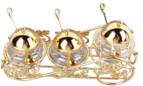 Tapa de azúcar de 3 piezas con tapa y cuchara, sales vidrio y contenedores azúcar Frasador condimentos cocina oro estilo europeo con bandeja para cocina