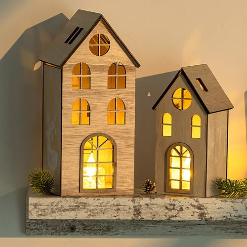 NUPTIO Maison Décoration de Noël LED en Bois: avec Éclairage Ensemble de Maisons Village Bougeoirs D'intérieur Maison Lumineuse Maisons de Noël Lanterne de Fenêtre de Table Lumineuse