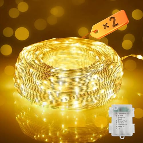 Opard Lichterkette Batterie, 2er Set 50er LED 5M Warmweiß, Lichterkette Weihnachtsbaum, Premium-beschichtetes Kupferkabel, Timer & 8 Modi, IP65 Wasserdicht Innen & Außen, Weihnachten, Balkon, Garten