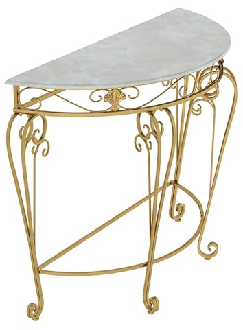 SXKLYRF Tavolo Consolle Ingresso Moderno, Struttura in Metallo, MDF Effetto Marmo, Mobile Ingresso a Mezzaluna per Soggiorno, Corridoio(Gold,60x30x70cm/24x12x28in)
