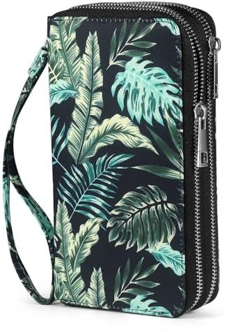 HAWEE RFID Blocking Cellphone Wallet for Women with Wrist Strap, Double Zipper Travel Clutch Purse Large Capacity, Palm Leaf