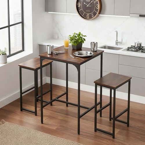 Warmiehomy Breakfast Bar Table and Stools Set of 2, Compact Kitchen Table and Chairs Set, 3pcs Dining Room Furniture Sets for Home Apartment, Kitchen, Living Room, Bistro, Balcony, Patio, Brown