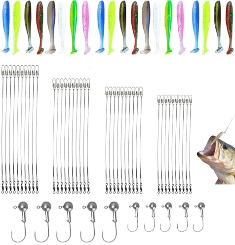 70 accesorios de pesca, 20 señuelos de goma, 40 líneas de acero (4 tamaños con mosquetón y remolino) 10 cabezales de plomo, señuelos blandos para pesca de agua dulce y salada