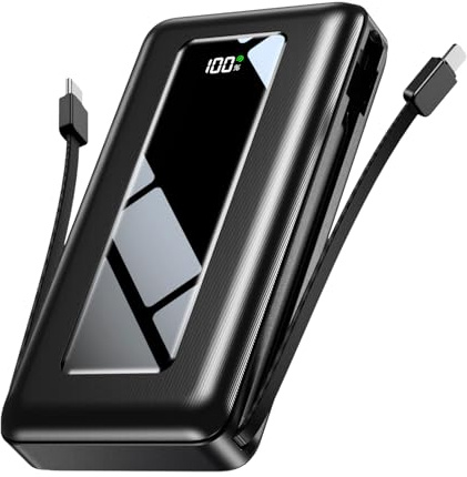 JKELAR Power Bank, 50000mAh Portable Charger, Travel Camping Essential Battery Pack with Built-in Cables, PD 22.5W Fast Charging, Large Capacity Portable Phone Charger, Jet Black