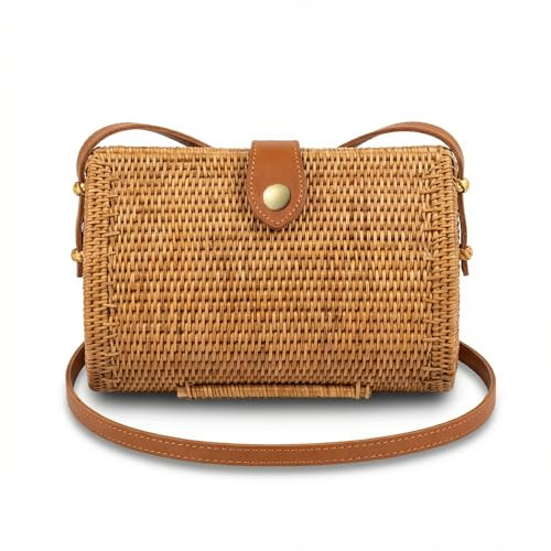 creazioni unique Borsa Paglia Donna Estiva in Midollino con Intreccio in Rattan - Borsetta Tonda con Cinturino Lungo - Interno in Cotone - Borsa Primavera Estate 2024 (Ischia)