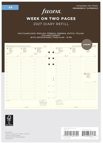 Filofax A5 Wochenplaner 27-68513, Spaltenformat, 5-sprachig, cremefarben