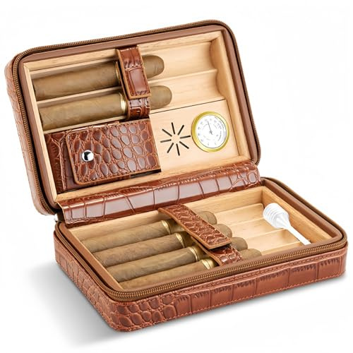 Racocou Cederträ Läder Vattentät 6-Cigarr Resefodral Humidor Inbyggd Hygrometer och Fuktare Herrars Lyxpresent till Pappa Make,Brass