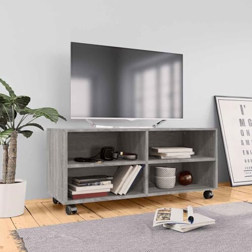 faucqel TV Cabinet with Wheels Grey Sonoma 90 x 35 x 35 cm Wood Material TV Lowboard Sideboard Living Room TV Furniture HiFi Cabinet Media Cabinet TV Table TV Shelf