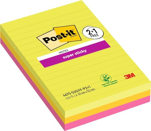 Post-it Superklibbiga stora anteckningar, blandade färger, 101 mm x 152 mm, 3 fodrade dynor