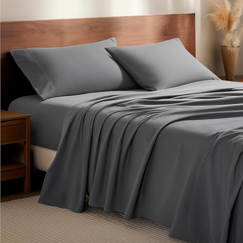 Bare Home Flannel Sheet Set 100% Cotton, Velvety Soft Heavyweight - Double Brushed Flannel - Deep Pocket (Queen, Grey)
