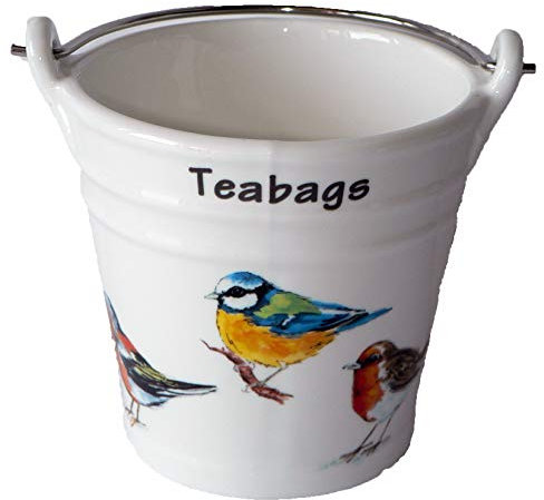 YOZEE Garden Birds Design Bucket Teabag Tidy, Porcelain Bucket Teabag Tidy