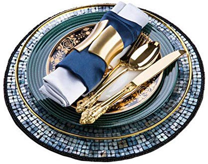 XCXDX Chic Dark Green Porcelain Dinner Set, Round Handmade Shell Placemat, Golden Cutlery Spoon, Housewarming Gift