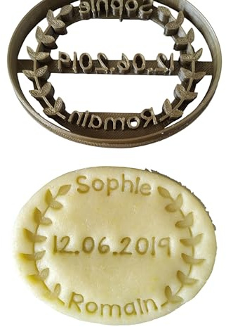 3DKOUPE - Emporte-pièce ovale - Motif lauriers - Personnalisable avec texte (jusqu'à 3 lignes) - Couleur au choix - Conçu et fabriqué en France