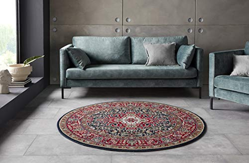 Nouristan Mirkan Orient Teppich Rund – Wohnzimmerteppich Orientalisch Kurzflor Vintage Orientalischer Teppich für Esszimmer, Wohnzimmer, Schlafzimmer – Navy, 160cm