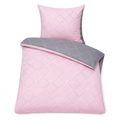 Davos Janine Fein-Biber Bettwäsche-Set 2tlg grau rosa 2 teilige Wende 135x200cm & Kissen 80x80cm Nordic nordisch Style