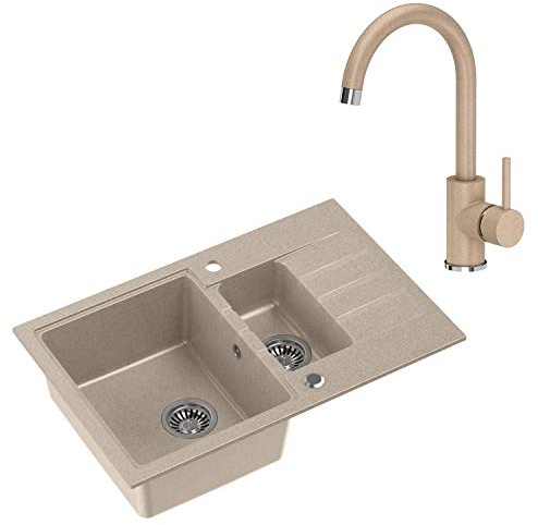 VBChome Spüle mit Armatur 78 x 50 cm Beige Tiefes Becken 20cm 1,5 Becken Küche Große Wasserhahn Abtropfflache Einbauspüle ab 55 cm Gesprenkelt Verbundspüle Küchenspüle Einzelbecken + Siphon Wasserhahn