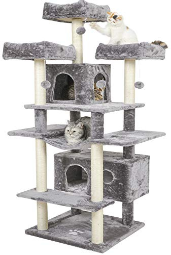 MSmask, Tiragraffi grande, in formato XXL, 175 cm, stabile, con 3 grandi piattaforme di osservazione, per gatti di grandi dimensioni, elementi tiragraffi in sisal (grigio chiaro)