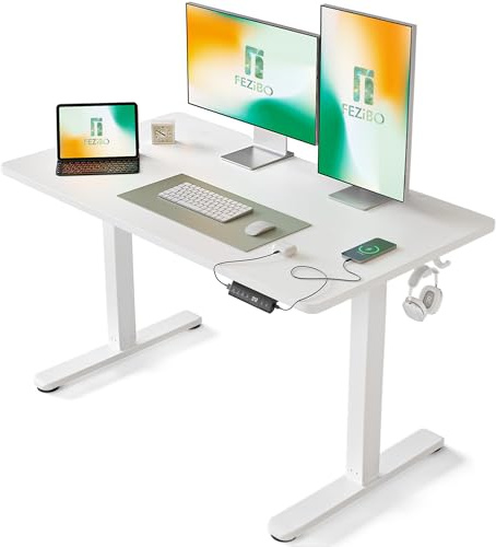 FEZIBO Schreibtisch Höhenverstellbar Elektrisch mit USB-A und USB-C-Ladeanschlüssen,140 x 70 cm,Steh-Sitz-Schreibtisch,Standing Desk,Weiß