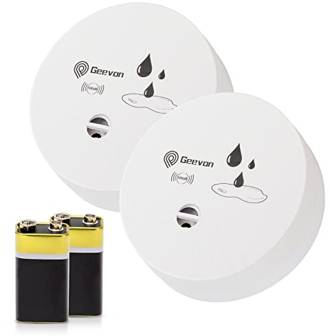 Geevon Wassermelder Wasseralarm2 Stück, 100dB Wasserwarner, Wassersensor Alarm, Batteriebetrieben für Keller, Badezimmer, Waschküche, Küchen, Garagen und Dachböden (Lieferung mit Batterie)