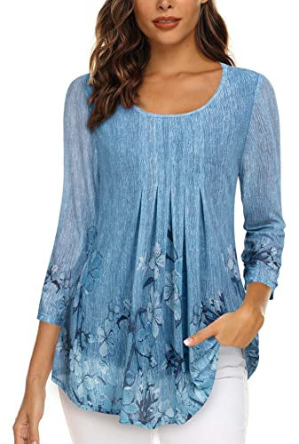 Gaharu Damenbluse Elegant Festlich Falten Tunika Damen 3/4 Arm Oberteil Frauen Rundhals Leichte Blusen für Damen Lang Schicke Moderne Legere Shirts A-Linie Business Bluse Knitter Blaue Blumen,L