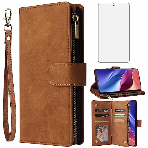 Asuwish Funda para Xiaomi Poco F3/Mi 11i 5G funda con lámina protectora de pantalla y tarjetero plegable de piel con soporte para cristal blindado Mi11i/11X Pro/Redmi K40 Plus Funda Phone Case Marrón