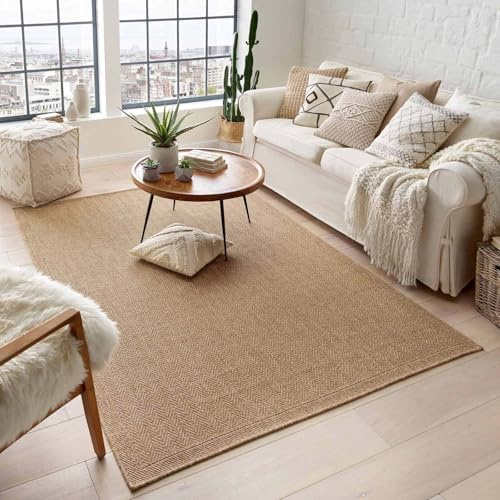 Taracarpet Outdoor & Indoor Teppich für Wohnzimmer Balkon Terrasse wetterfest Borneo Sisal-Jute-Optik naturfarben Natur Fischgrät 140x200 cm