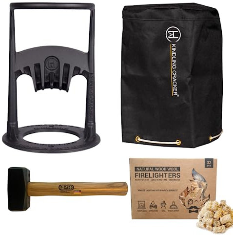 Anzündknacker Original Kaminholzspalter Bundle inklusive Vorschlaghammer, Abdeckung und natürlichen Feueranzündern