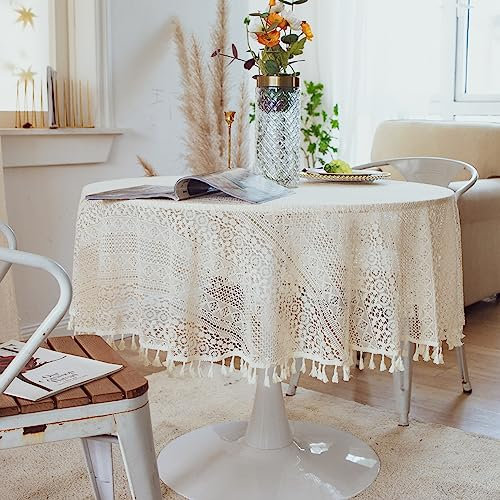 HeichkelL Runde Spitzentischdecke Vintage Quaste Tischdecke Häkelspitze Deckchen Lace Tischtuch Romantische und Elegante Dekoration Beige mit Kreis Rund 150 cm