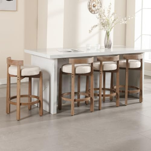 LukeAlon Mid Century Linen Counter Stools Set of 4, Upholstered 26.5” Seat Height Low Barstools with Natural Wood Legs Round Low Back Kitchen Stools with Footrest for Dining Room, Beige