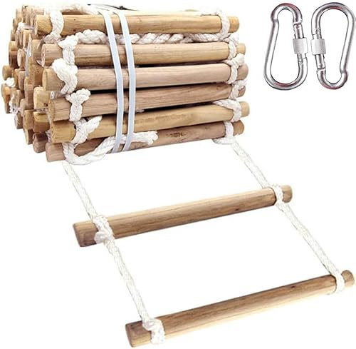 ZORZA Tragbare Feuerleiter Balkon, Strickleiter Feuerfeste Rettungsleiter,Home Flucht Strickleiter Mit Schnalle,Schnelle Bereitstellung,Massivholz Tragfähigkeit Bis 300kg,Round,8M/26.3FT