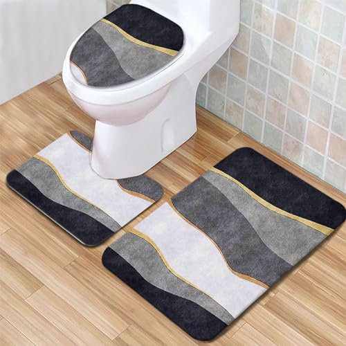 Badvorleger Set gestreiftes graues Muster Badgarnitur 3 Teilig, Bodenvorleger U-förmiger WC-Vorleger WC-Deckelbezug, rutschfest, Waschbar für Badewanne, Dusche, Badezimmer