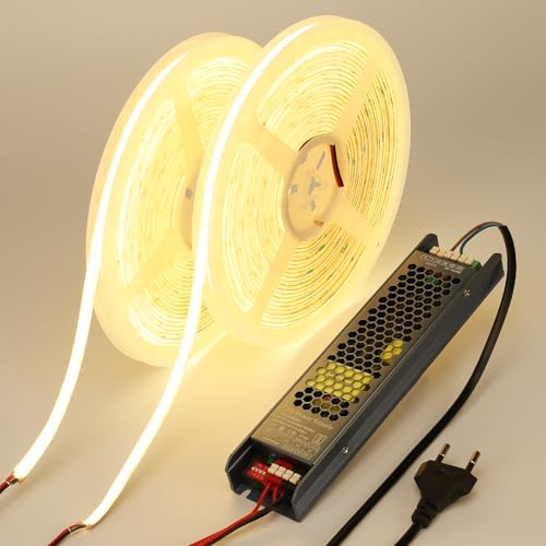 BENLUN Tira LED COB Difusa Exterior IP67 Impermeable 24V 20 Metros CRI 93 | 4000K Blanco Natural Luces LED Flexible Adhesiva 160W con Transformador para Habitacion, Patio, Jardín, 10 Metros X 2