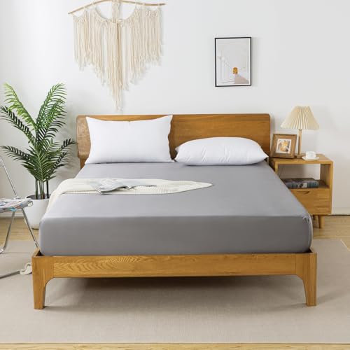 bienDo Spannbettlaken 200x200 für Boxspringbett, Grau, Bambus Seide Spannbetttuch für 35 cm Matratze, Weich, Allergiker und Atmungsaktiv