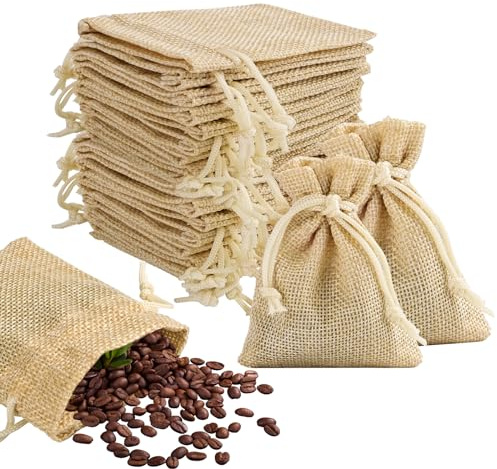 MINISOISO 55PCS Petit Sachets avec Cordon, 7 x 9 cm Sacs en Lin, Toile de Jute Pochettes, Sacs Cadeau pour Pochette Cadeau Bijoux, Pochon Tissu Mariage