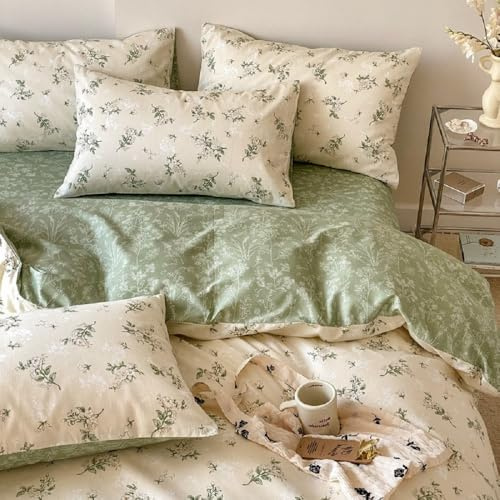 Lanqinglv Juego de ropa de cama 155x220 de algodón con motivo de flores, Beige Verde Plantas Juego de ropa de cama reversible reforzado ÖKO-TEX Juego de ropa de cama vintage con cremallera y 1 funda