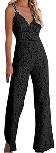 Mono de mujer festivo de encaje de boda: monos para mujer sexy peto hueco de una pieza con correa de espaguetis con cuello en V, traje de pantalón, mono de verano, curvy playsuits/pantalones casuales,