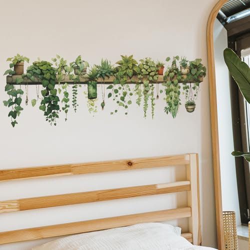 HGDESIGN® Wandtattoo Wandaufkleber Grüne Blätter Pflanzen Blume Ranke Efeu Rebe Blumentopf Wandsticker Wanddeko für Wohnzimmer Schlafzimmer Flur Küche Leiste (B)