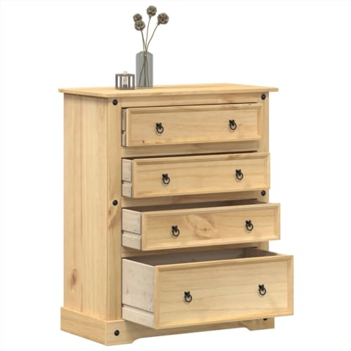 Willood Kommode Corona 92x48x120 cm Massivholz Kiefer Schubladenschrank mit 4 Schubladen Metallgriffe, Sideboard für Wohnzimmer Schlafzimmer, Anrichte Beistellschrank