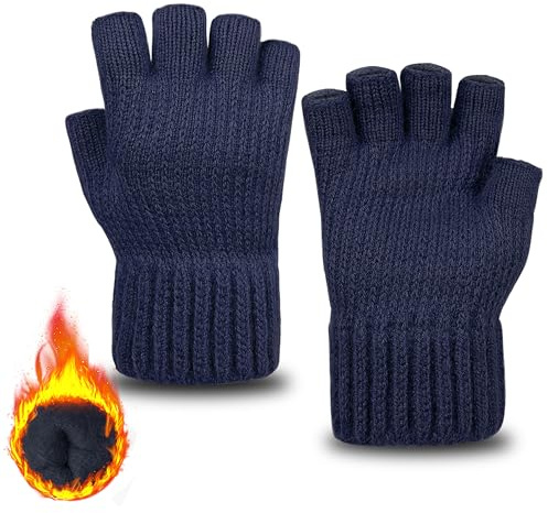 ehsbuy Fingerlose Handschuhe für Herren, Thermo-Handschuhe mit weichem Fleecefutter, Halbfinger, warm, gestrickte Handschuhe für Arbeit, Fahren, Radfahren, Outdoor-Sport, marineblau