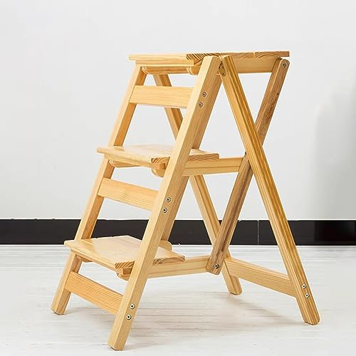 GXXINGIN Klappbarer Bibliotheksleiterstuhl aus Holz, 3-stufiger Klappleiterstuhl aus Massivholz, tragbarer Tritthocker aus Holz, multifunktionaler 3-in-1-Tritthocker aus Holz, für Zuhause, Bibliothek