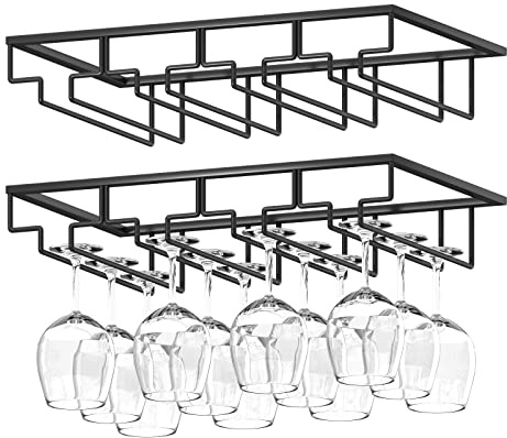 Jiplomn Weinglasregal, Unterschrank Stemware Rack Weinglashalter, Schwarz Metall Weinglas Lagerung Kleiderbügel unter Regal für Kabinett Küche Bar (2 Pack mit 4 Racks)