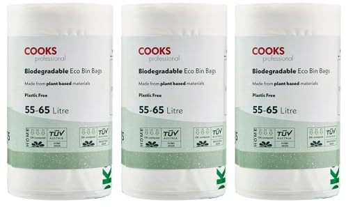 Cooks Professional Pack of 75 Biodegradable Compostable Bin Bags | 55-65L | Eco-Friendly Plant-Based Garbage or Recycling Liners for Home, Kitchen, Food, Garden or General Waste Disposal