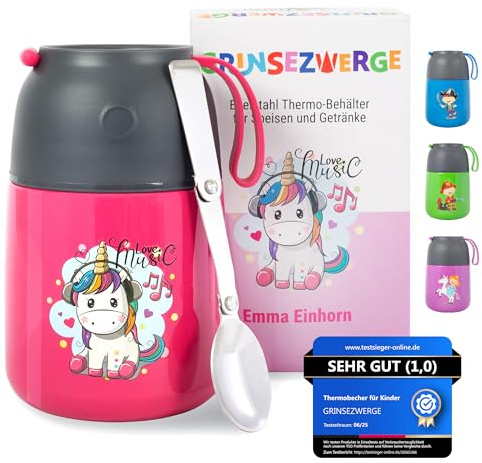 GRINSEZWERGE Kinder Thermobecher 500ml für Speisen und Getränke | 100% Auslaufsicher - Edelstahl Thermobehälter für Essen | Brei Warmhaltebehälter | Müslibecher | Thermo Lunchbox