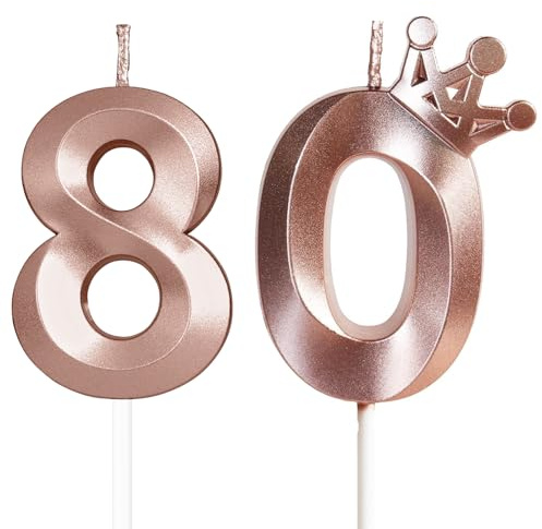 Yiran Candele 80 Compleanno Rosa Oro con Decorazione Corona, Numero 80 3D, Candele per Torta, Decorazioni per Festa di Compleanno Donna, Candelieri Torta.