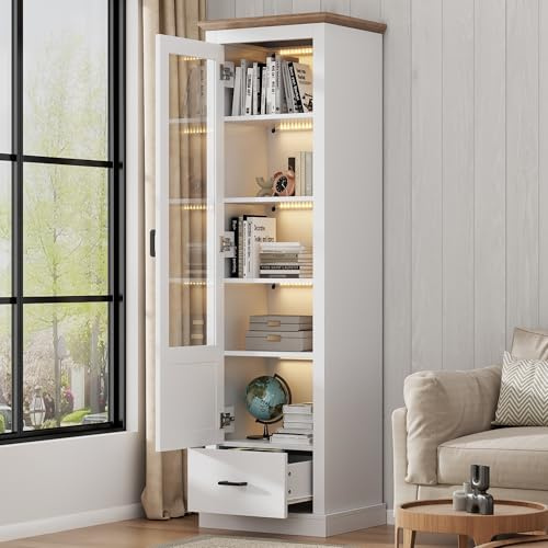 Rosebibi Vetrina LED moderna bianca opaca 178 cm con porta USB, telecomando 16 colori, vetrina da terra con decorazione in legno, vetrina in vetro armadio alto con cassetto (1 cassetto)
